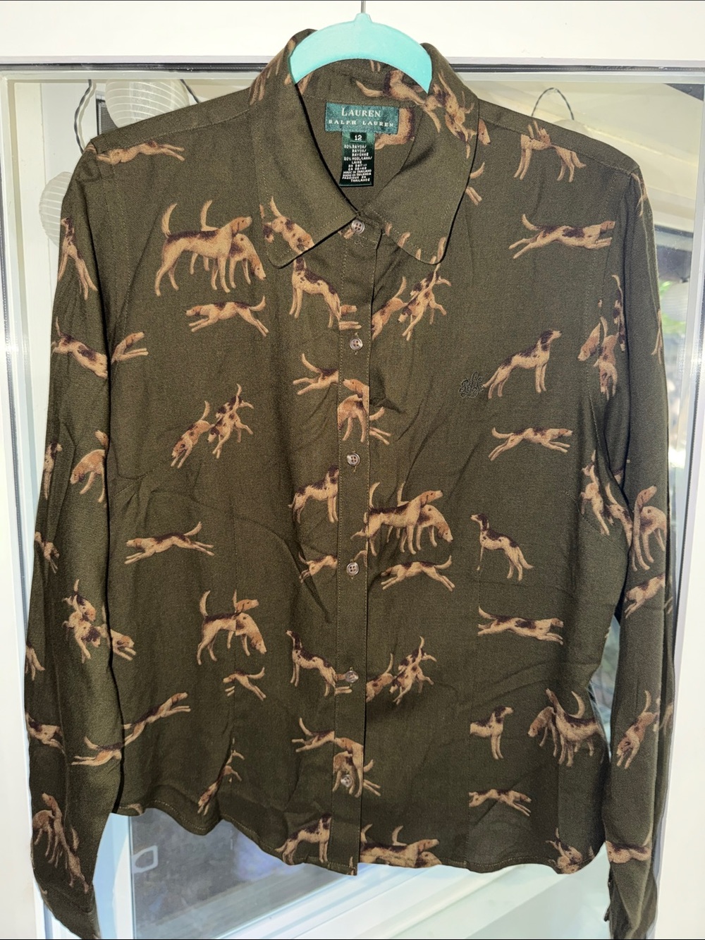Lauren Ralph Lauren Olive Green Dog-Print Button Front Shirt Jacket
